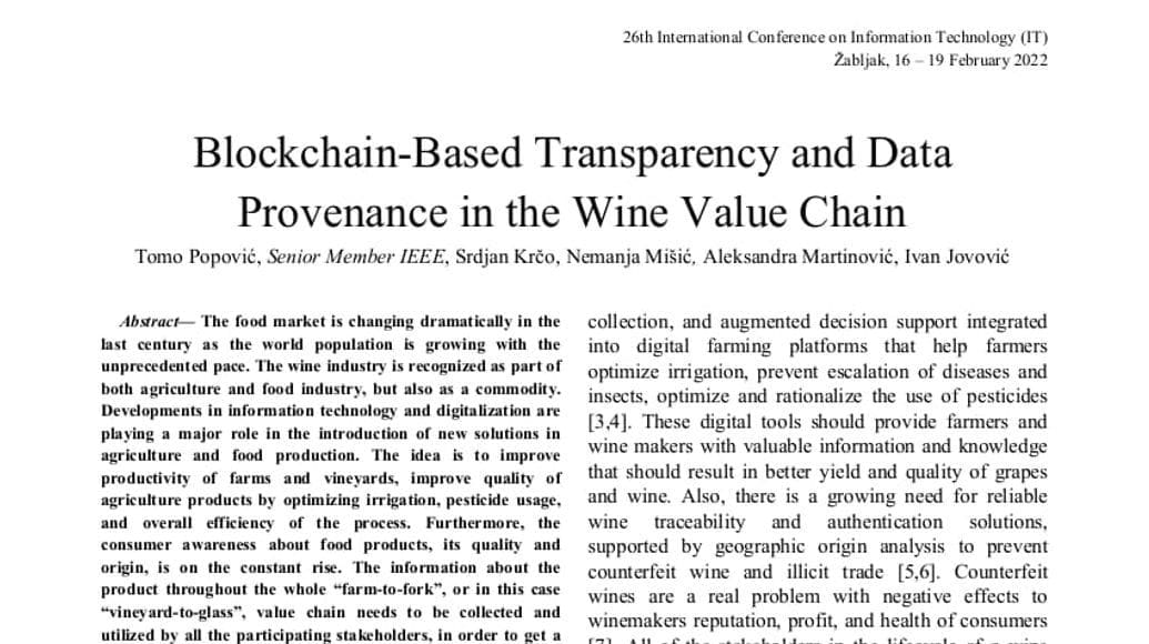 „Transparentnost zasnovana na blokchain-u i provenijencija podataka u lancu vrijednosti vina”